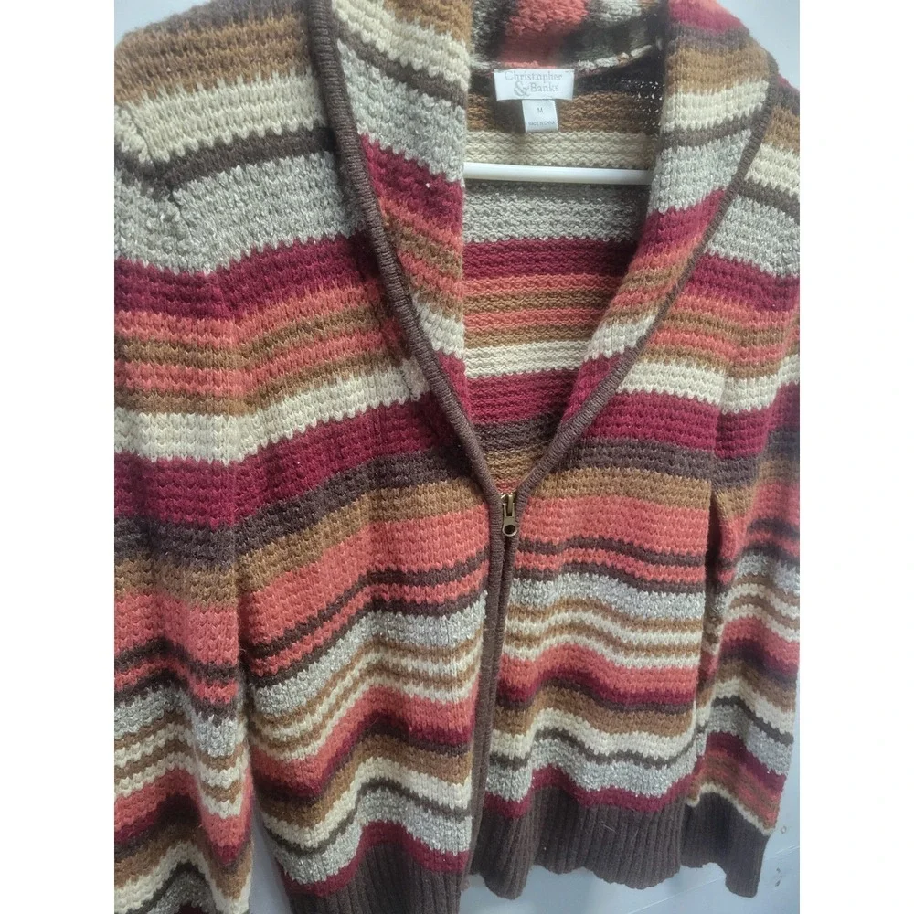 Christopher & Banks Striped Zip Up Cardigan Shawl Collar Brown Red Medium